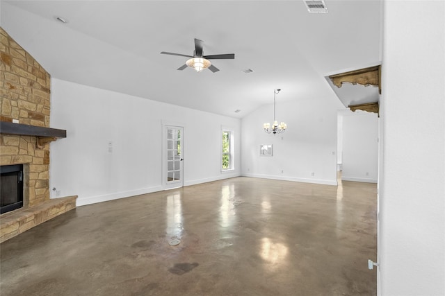 25460 W Fm 1097th Rd, Montgomery, TX 77356 - unfurnished living room with finished concrete flooring, vaulted ceiling, a fireplace, ceiling fan, and a chandelier