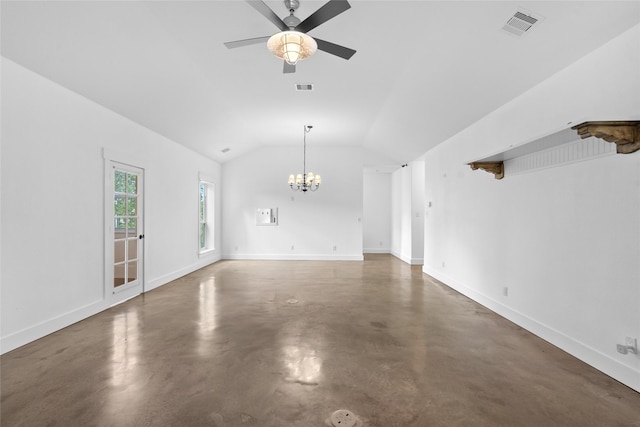 25460 W Fm 1097th Rd, Montgomery, TX 77356 - unfurnished living room with concrete flooring, a chandelier, vaulted ceiling, and ceiling fan