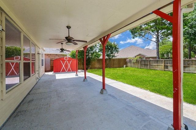 16210 S Temple Dr, Houston, TX 77095 - fenced backyard with a patio area, a shed, and ceiling fan