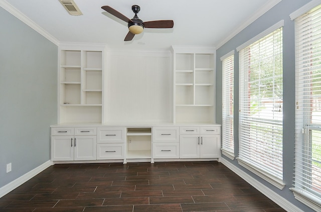 16210 S Temple Dr, Houston, TX 77095 - unfurnished living room featuring dark wood-type flooring, ceiling fan, and crown molding