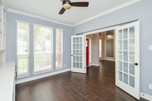 16210 S Temple Dr, Houston, TX 77095 - empty room featuring french doors, crown molding, a ceiling fan, and dark wood finished floors