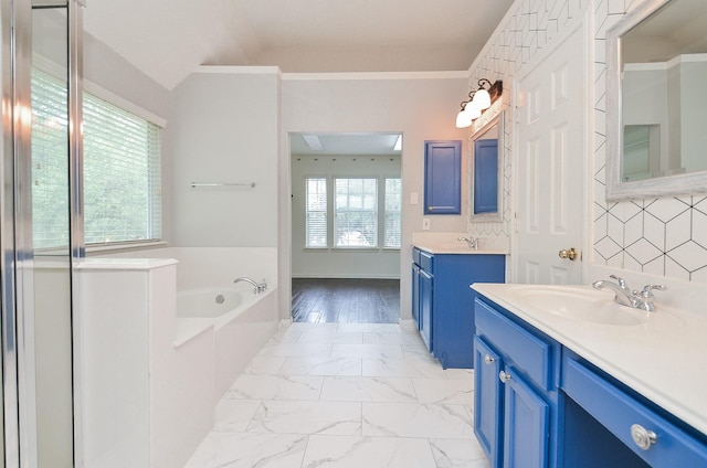 16210 S Temple Dr, Houston, TX 77095 - full bath featuring a bath, two vanities, marble finish floors, and ornamental molding