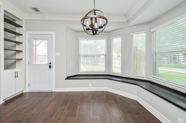 16210 S Temple Dr, Houston, TX 77095 - unfurnished dining area with a chandelier, dark wood-style flooring, and crown molding