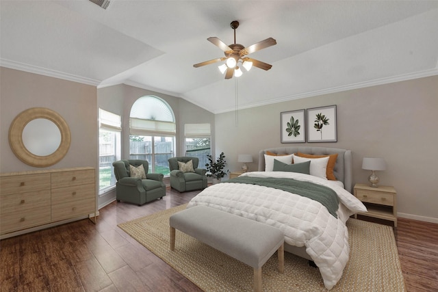 1431 Hidden Terrace Dr, Sugar Land, TX 77479 - bedroom with wood finished floors, lofted ceiling, crown molding, and a ceiling fan