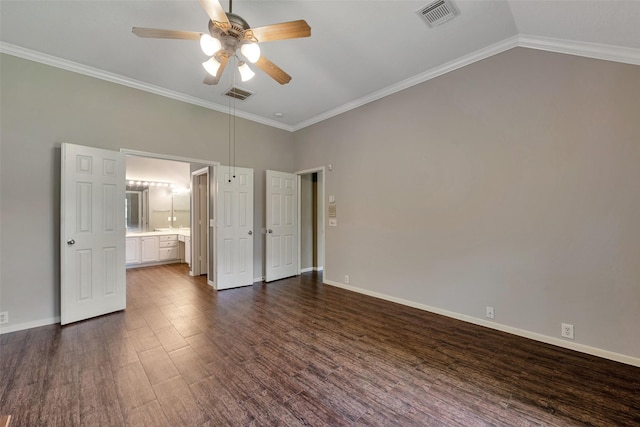 1431 Hidden Terrace Dr, Sugar Land, TX 77479 - unfurnished bedroom featuring dark wood-type flooring, ornamental molding, ensuite bath, vaulted ceiling, and ceiling fan