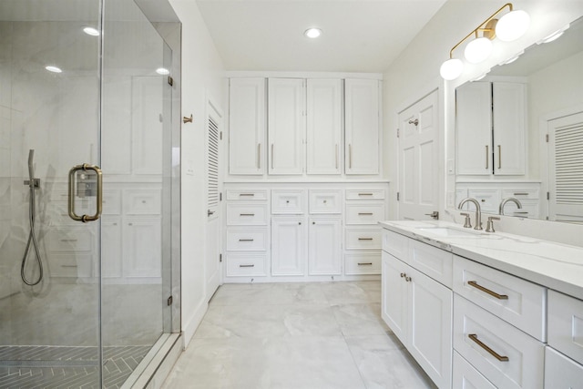 1215 Heathwood Dr, Houston, TX 77077 - bathroom featuring a shower stall, vanity, a closet, and recessed lighting