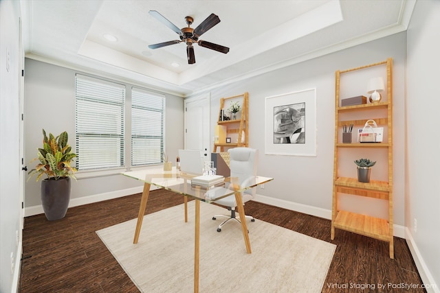 506 Knox St Unit A, Houston, TX 77007 - office featuring a tray ceiling, ceiling fan, dark wood finished floors, recessed lighting, and crown molding