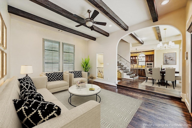 506 Knox St Unit A, Houston, TX 77007 - living room featuring a chandelier, wood finished floors, healthy amount of natural light, arched walkways, and beam ceiling
