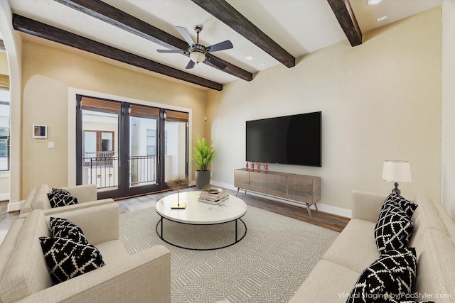 506 Knox St Unit A, Houston, TX 77007 - living room with wood finished floors, beamed ceiling, ceiling fan, and recessed lighting