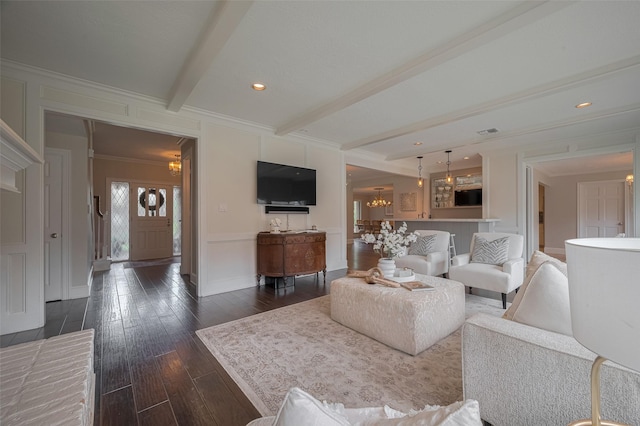 12214 Clearfork Dr, Houston, TX 77077 - living area featuring a chandelier, ornamental molding, beamed ceiling, and dark wood-style floors