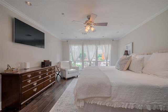 12214 Clearfork Dr, Houston, TX 77077 - bedroom with dark wood-type flooring, ornamental molding, ceiling fan, and recessed lighting