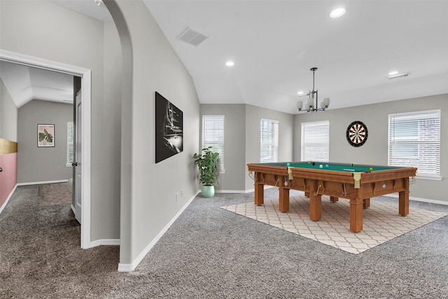 4511 Hickory Branch Ln, Sugar Land, TX 77479 - playroom with light carpet, recessed lighting, billiards table, vaulted ceiling, and arched walkways