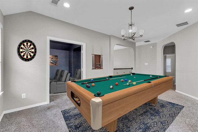 4511 Hickory Branch Ln, Sugar Land, TX 77479 - recreation room with arched walkways, carpet, recessed lighting, billiards, and a chandelier