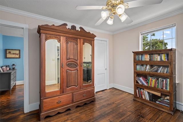 1906 Pasadena St, Houston, TX 77023 - interior space featuring dark wood finished floors, ceiling fan, and ornamental molding