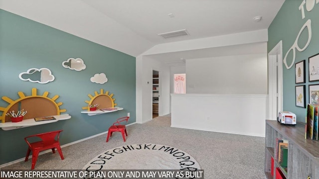5442 Pinetree Crescent Ln, Spring, TX 77373 - rec room featuring carpet flooring and vaulted ceiling