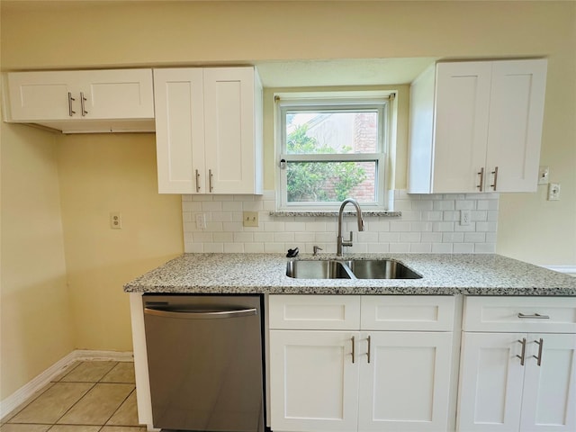 15474 Peermont St, Houston, TX 77062 - kitchen featuring stainless steel dishwasher, white cabinets, tasteful backsplash, and light stone counters