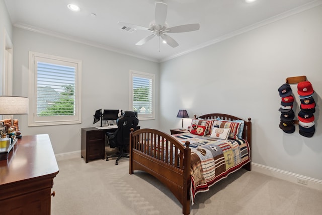 5201 Pine St, Bellaire, TX 77401 - carpeted bedroom with a desk, crown molding, recessed lighting, and a ceiling fan