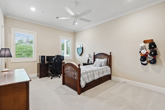 5201 Pine St, Bellaire, TX 77401 - bedroom featuring light carpet, an office area, crown molding, a ceiling fan, and recessed lighting