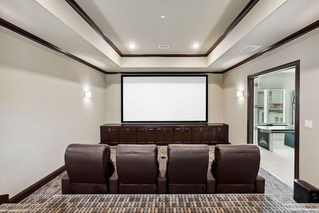 5201 Pine St, Bellaire, TX 77401 - carpeted home theater featuring a raised ceiling, crown molding, and recessed lighting