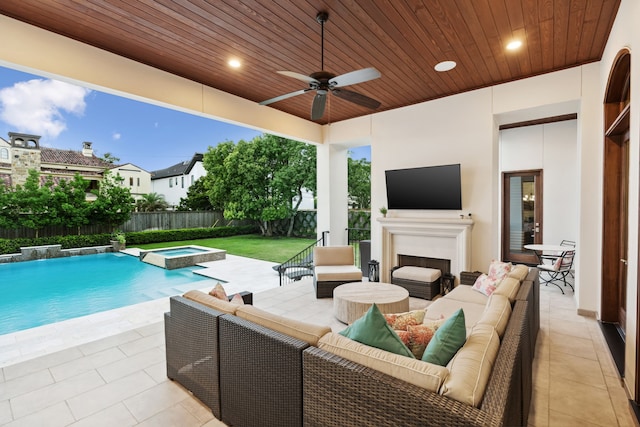 5201 Pine St, Bellaire, TX 77401 - fenced backyard with an outdoor living space, a patio area, ceiling fan, and a pool with connected hot tub