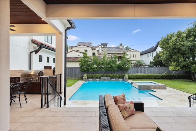 5201 Pine St, Bellaire, TX 77401 - view of pool with a grill, a fenced backyard, a patio, a pool with connected hot tub, and an outdoor living space