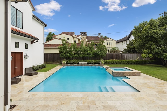 5201 Pine St, Bellaire, TX 77401 - view of swimming pool featuring a pool with connected hot tub, a fenced backyard, a patio area, and a residential view