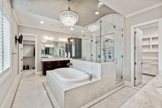 5201 Pine St, Bellaire, TX 77401 - bathroom featuring vanity, crown molding, a shower stall, a bath, and marble finish flooring