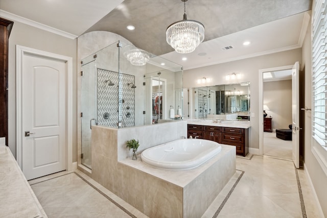 5201 Pine St, Bellaire, TX 77401 - full bath featuring inlaid floor details, a stall shower, a garden tub, crown molding, and recessed lighting