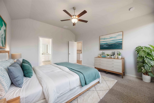 10919 Independence Rd, Cleveland, TX 77328 - bedroom with lofted ceiling, light carpet, a ceiling fan, and connected bathroom