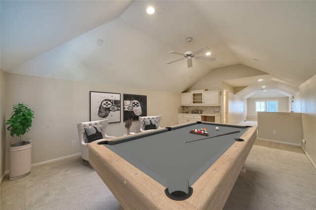 4035 Gramercy St, Houston, TX 77025 - game room featuring vaulted ceiling, light colored carpet, recessed lighting, billiards table, and a ceiling fan