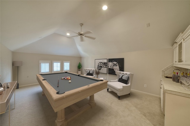 4035 Gramercy St, Houston, TX 77025 - rec room with light carpet, lofted ceiling, ceiling fan, billiards, and recessed lighting