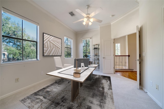 4035 Gramercy St, Houston, TX 77025 - home office featuring ornamental molding, carpet floors, and a ceiling fan