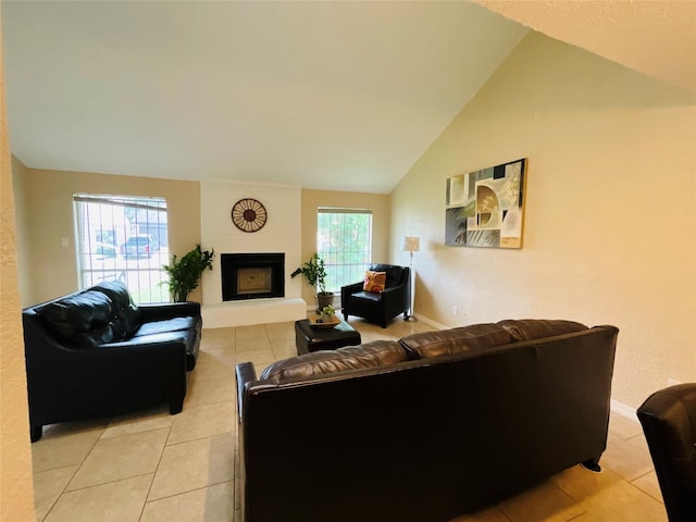 6404 Quail Meadow Dr, Houston, TX 77035 - living area with light tile patterned floors, vaulted ceiling, and a large fireplace