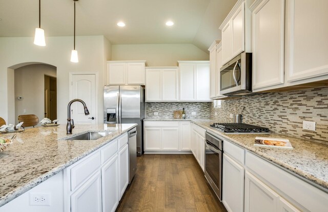 15898 Hayes Market Loop, Conroe, TX 77302 - kitchen with appliances with stainless steel finishes, arched walkways, tasteful backsplash, dark wood finished floors, and lofted ceiling