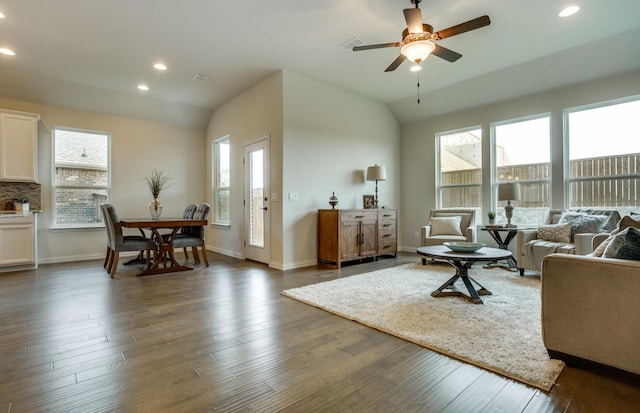 15898 Hayes Market Loop, Conroe, TX 77302 - living area with vaulted ceiling, recessed lighting, dark wood-style floors, and a ceiling fan