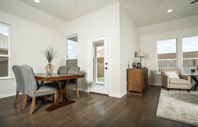 15898 Hayes Market Loop, Conroe, TX 77302 - dining area featuring lofted ceiling, dark wood-type flooring, and recessed lighting