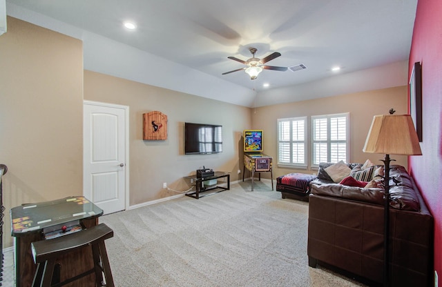 15411 Dundas Dr, Cypress, TX 77429 - living room with a ceiling fan, carpet flooring, vaulted ceiling, and recessed lighting