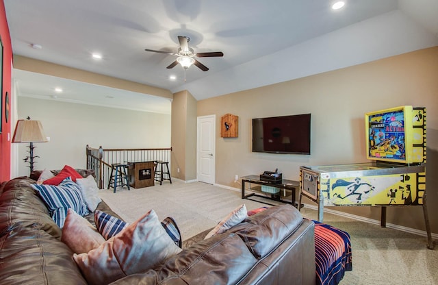 15411 Dundas Dr, Cypress, TX 77429 - living room featuring carpet flooring, ceiling fan, recessed lighting, and vaulted ceiling