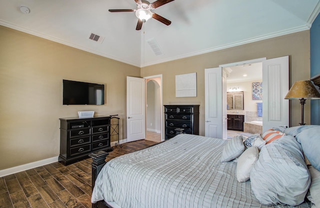 15411 Dundas Dr, Cypress, TX 77429 - bedroom featuring arched walkways, lofted ceiling, ornamental molding, dark wood-style flooring, and ceiling fan