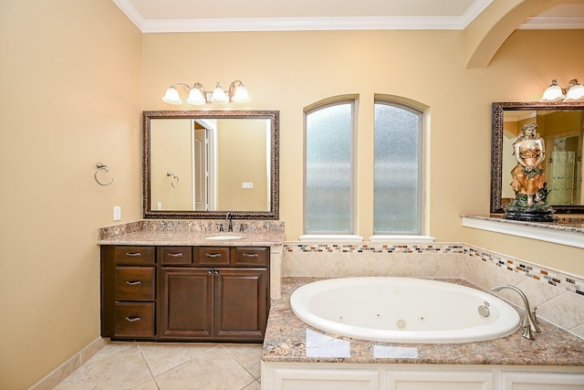 27814 Cenizo Park Ct, Katy, TX 77494 - full bathroom with a jetted tub, vanity, crown molding, and tile patterned floors
