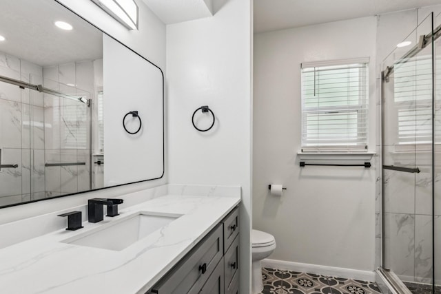7927 Litchfield Ln, Spring, TX 77379 - full bath featuring vanity, a marble finish shower, and recessed lighting
