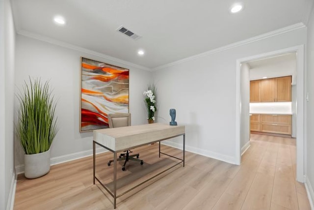 4406 Merwin St, Houston, TX 77027 - office area with light wood finished floors, recessed lighting, and ornamental molding
