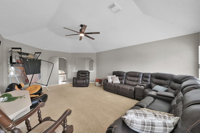 1415 Kennoway Park Dr, Spring, TX 77379 - living room featuring vaulted ceiling, ceiling fan, and carpet floors