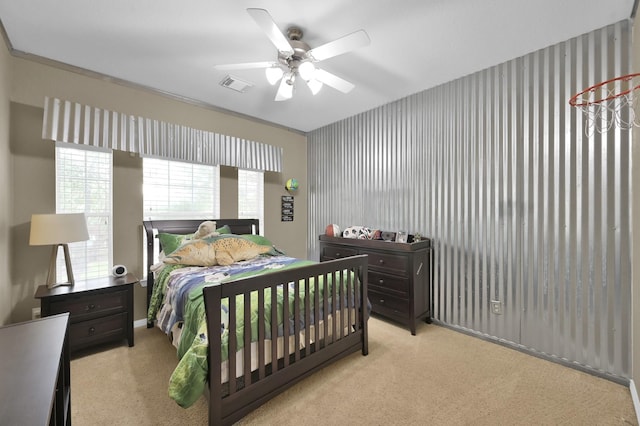 1415 Kennoway Park Dr, Spring, TX 77379 - carpeted bedroom with wallpapered walls and a ceiling fan