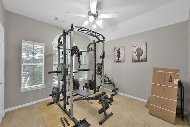 1415 Kennoway Park Dr, Spring, TX 77379 - workout room featuring a ceiling fan, healthy amount of natural light, and carpet flooring