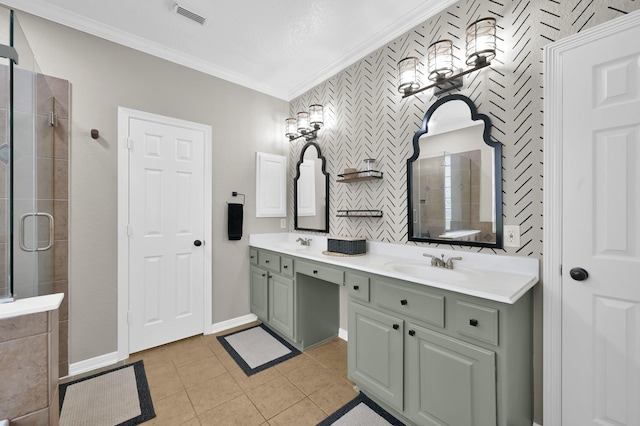 1415 Kennoway Park Dr, Spring, TX 77379 - full bath with a shower stall, ornamental molding, double vanity, and tile patterned flooring