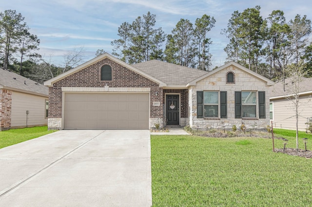 9971 Spring Creek Rd, Cleveland, TX 77327 - ranch-style home featuring a front lawn, driveway, an attached garage, brick siding, and stone siding