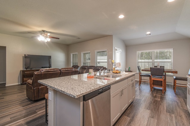 9971 Spring Creek Rd, Cleveland, TX 77327 - kitchen with dishwasher, dark wood-style flooring, white cabinets, an island with sink, and ceiling fan