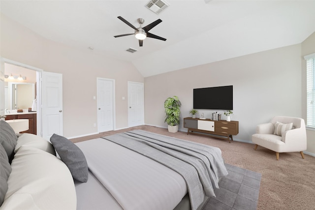 12714 Madera Canyon Ln, Tomball, TX 77377 - carpeted bedroom featuring vaulted ceiling, ensuite bathroom, ceiling fan, and multiple windows