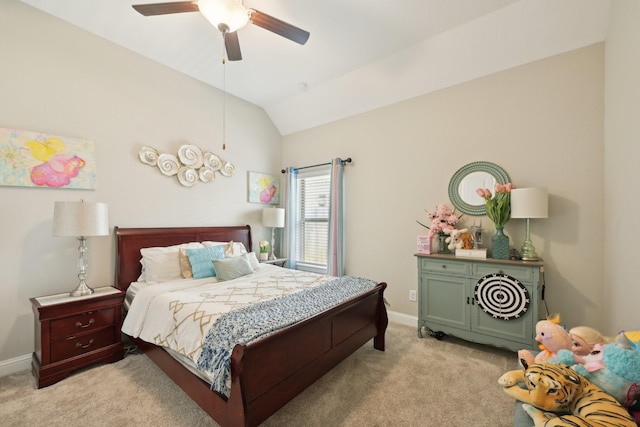 2018 Oxley Manor Ln, Richmond, TX 77469 - bedroom featuring light colored carpet, lofted ceiling, and a ceiling fan
